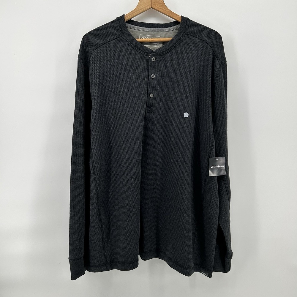 Eddie Bauer Thermal Henley Mens 2XL Gray Waffle Knit Long Sleeve Cabin Core NWT‎